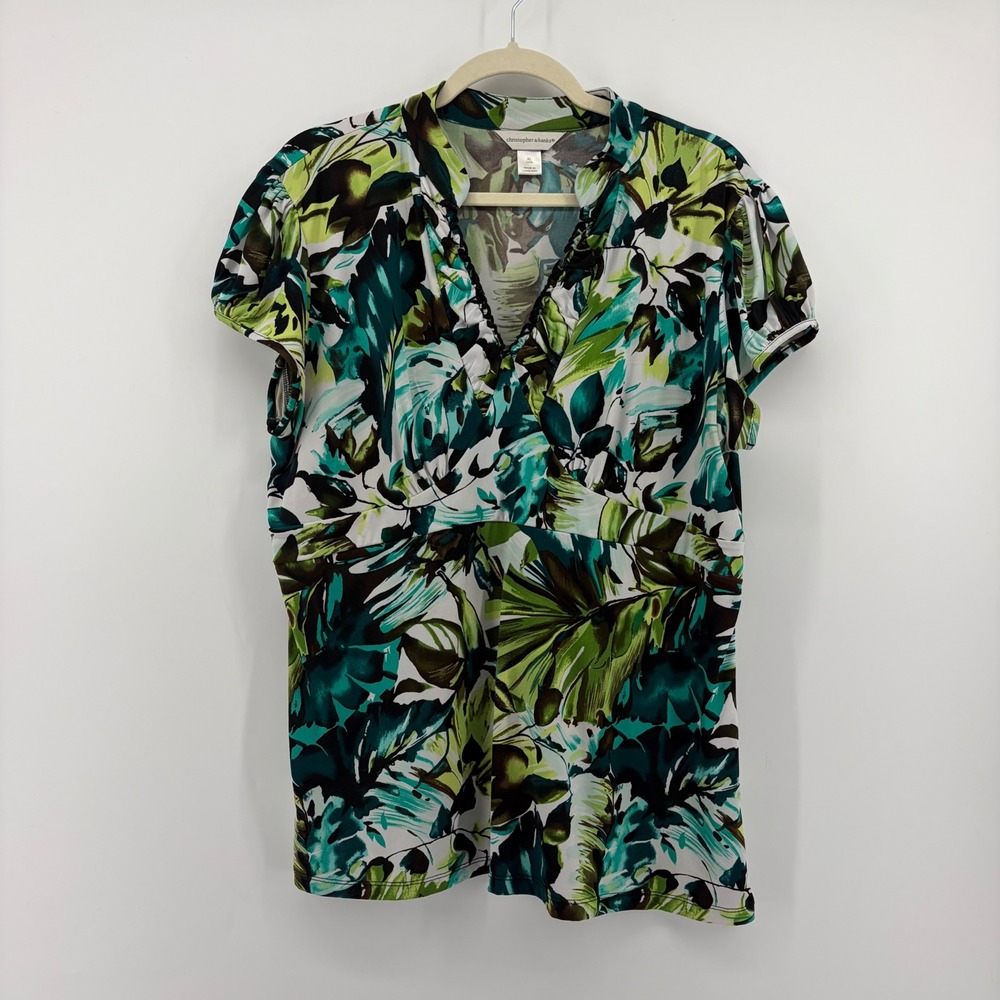 Christopher & Banks Womens XL Green Tropical Leaf V-Neck Ruffle Short Sleeve Top